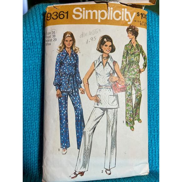 Simplicity 9361 top pants pattern 1970s wingtip collar - Picture 1 of 5